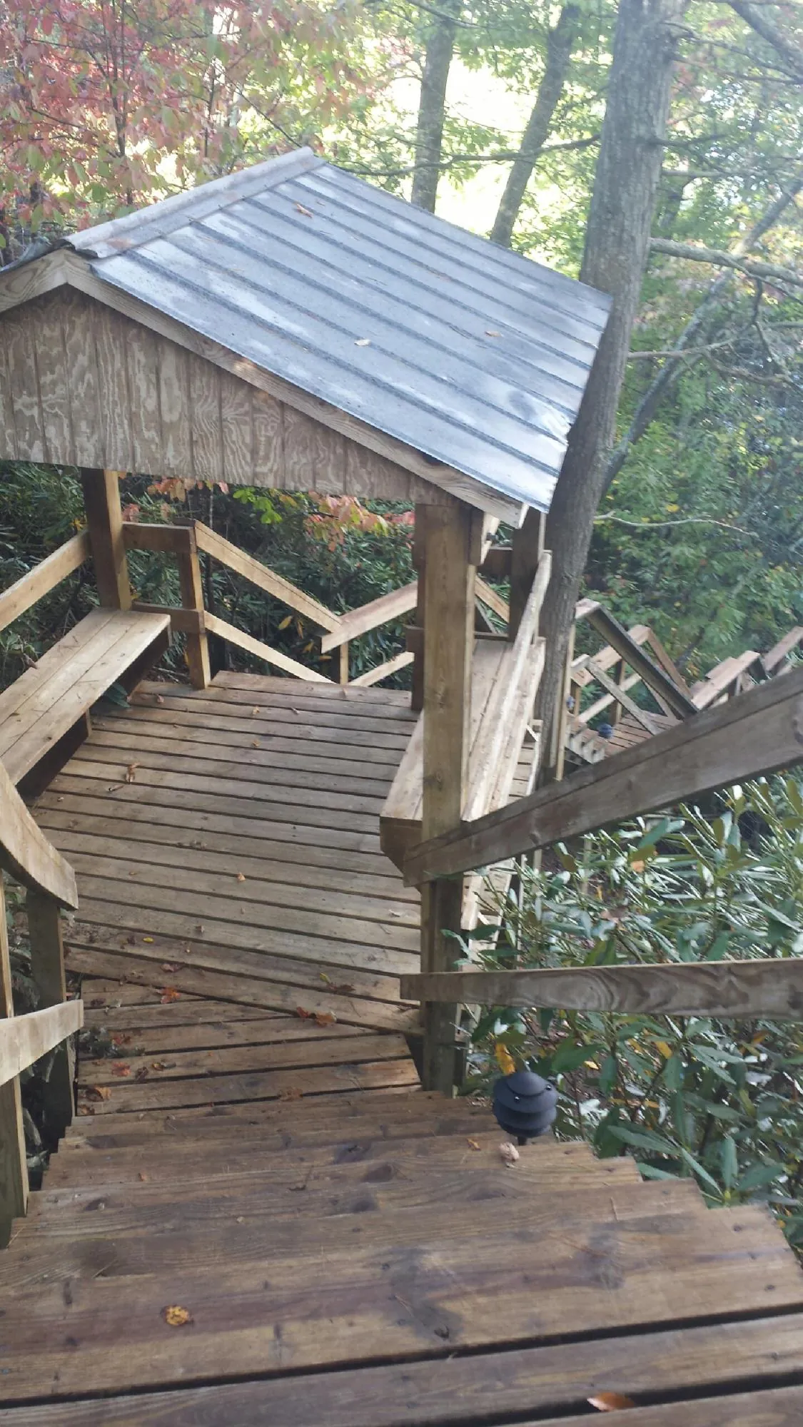 Metal roofed shelter over wooden steps on a wooded walkway — Skylight Repair & Installation work by our crew in Chesnee